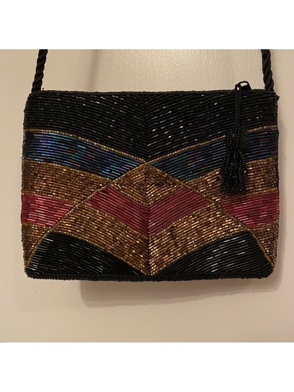 TANO BAG VINTAGE BEADED CROSSBODY SHOULDER BLACK GOLD RED BLUE LONG STRAP ZIP